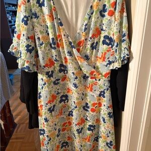 Ralph Lauren Floral Wrap Midi Dress in Light Blue, Orange & Navy